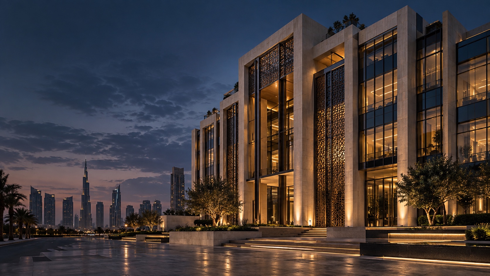 Architectural concept of a contemporary stone and glass building at dusk — Movan Company, construction in Erbil